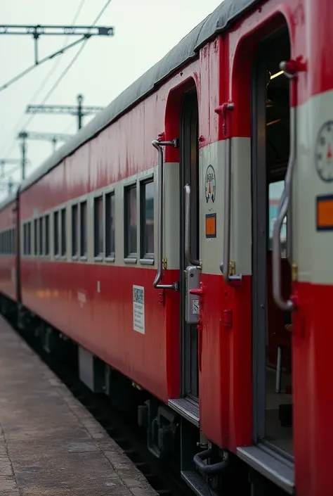 Here’s the updated prompt based on your request:

"A red and grey train coach similar to a sleeper coach, viewed from the side, with visible windows and open doors. The doors are open, showing grab handles hanging near the entrances. The train is connected...