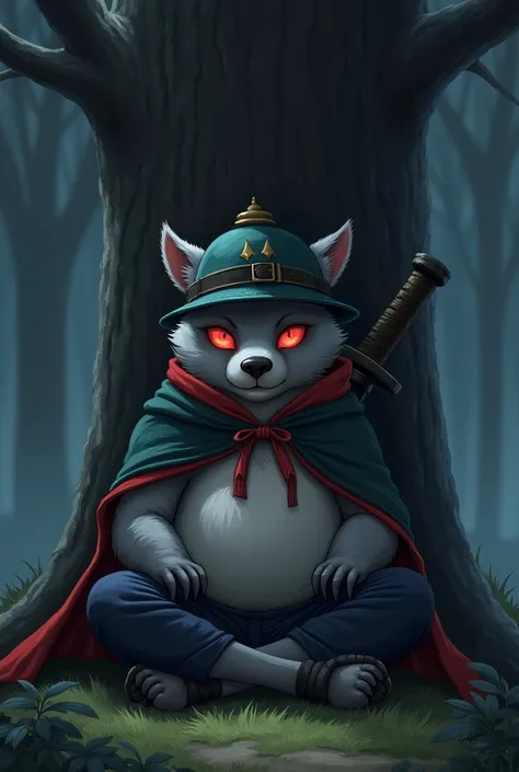 masterpiece, Best quality, Perfect anatomical structure, Bright eyes, Big watery eyes, Provided by RUHU1145, hairy, (Grizzlies)，boy，Gray fur，Red eyes，(Chubby body)，teenager，Wearing a hat，Wearing a cape，Sword behind，Black pants，Sitting under a big tree，medi...