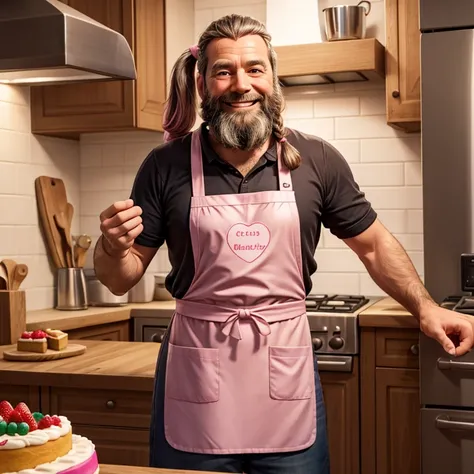 Inside Cooking in the Kitchen nightsky pigtails middle-aged man with a beard smile ((pink apron)) hearts. Large celebration cake. Longhair