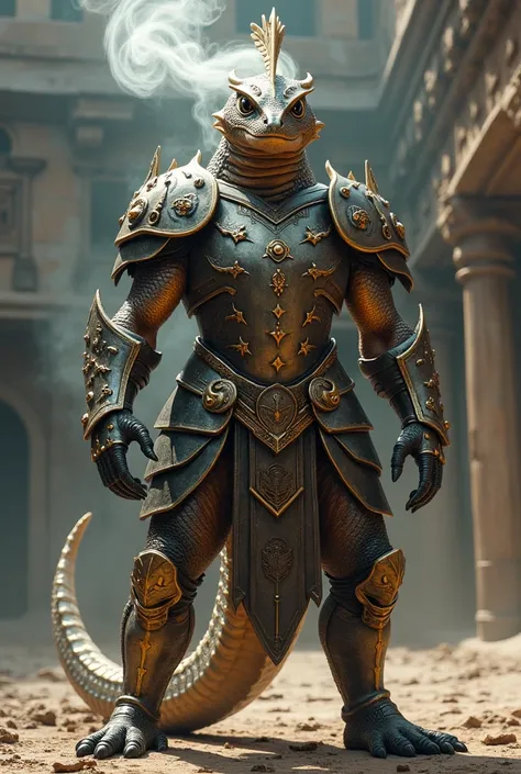 A salamander wearing gladiator armor