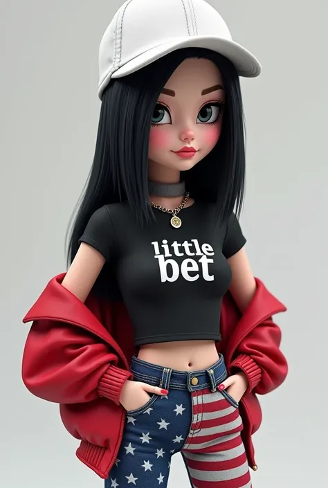 A bratz doll with straight black hair and white skin, He is wearing a white cap and a black top that bears his name. " little bet " and a jacket on the shoulder. Usa yogins jeans