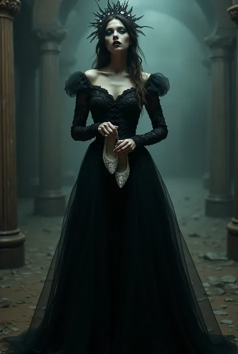 Make cinderella as villian with full black dress and crystal shoes in hands