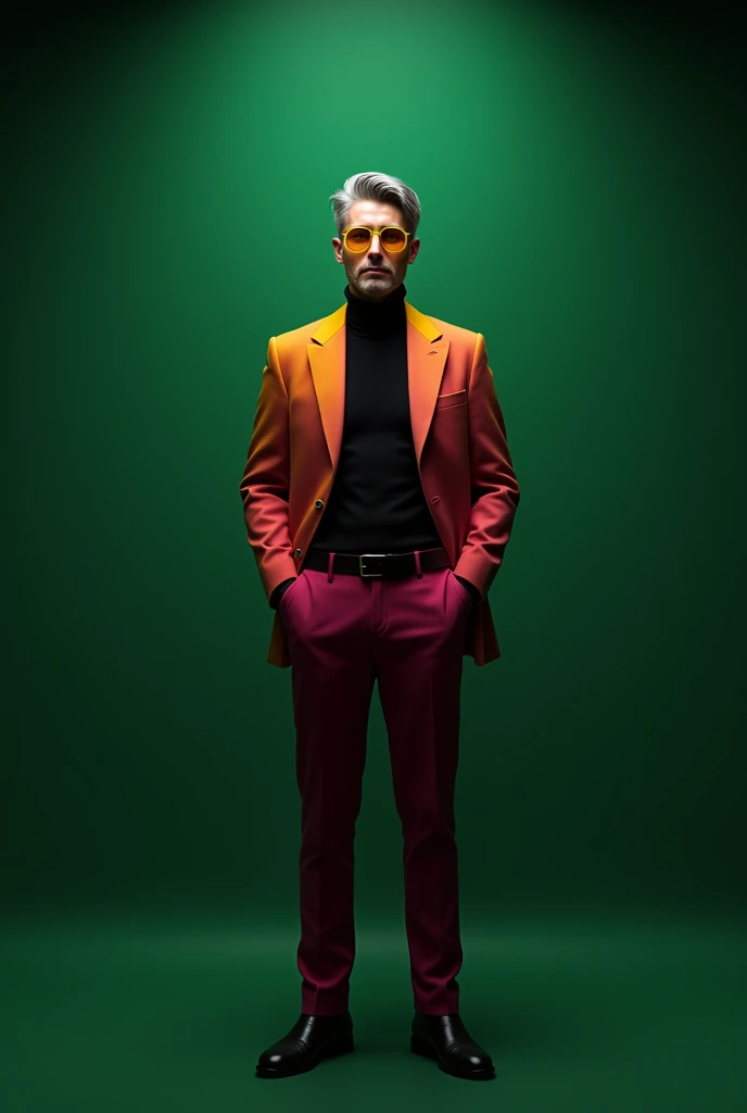 Man green water light , leather black charcoal . Bright yellow tinted glasses  , gray hair colorless. stylish hairstyle. Raspberry suit with yellow inserts. Black turtleneck under a jacket. Background green studio. The light from above and from the side is...