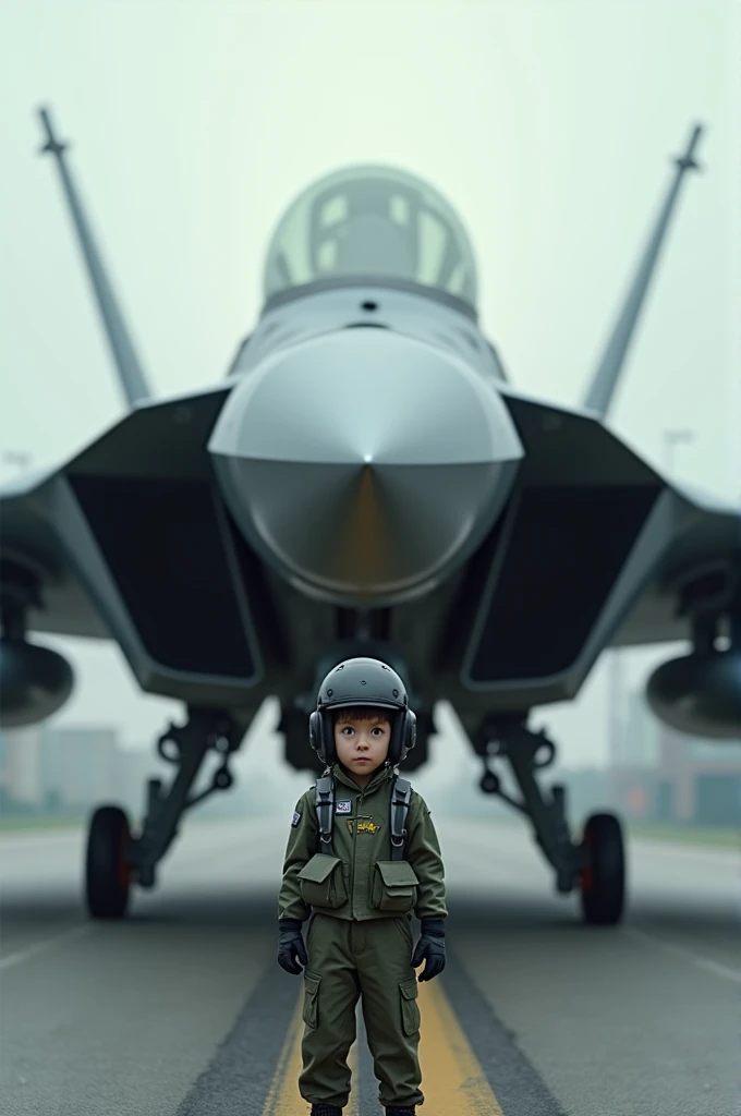 Make a fighting jet standing on road with gray color, and make it some dangerous, and make a nineteen year old boy in fron of jet, wearing pilot suit and halmet, and make the boy strong,  and make 3 small stars on pilot chest, and make a black small rectan...