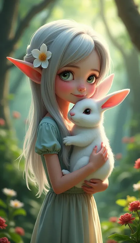 Girl holding a white rabbit in her arms in an enchanted forest in Disney princess style, silver hair, streaked hair, eye reflection, pointy ears, light smile, hair flower, Realism, depth of field, lens flare, high quality