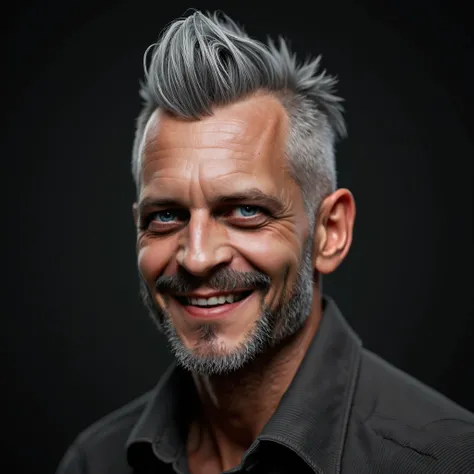 A detailed portrait of a 50-year-old man with a gray hair, mohawk hairstyle and a light smile, (best quality,4k,8k,highres,masterpiece:1.2),ultra-detailed,(realistic,photorealistic,photo-realistic:1.37),HDR,UHD,studio lighting,ultra-fine painting,sharp foc...