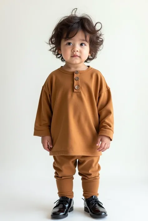 A child with a loose oversized T-shirt whose characteristics are: :I echo of tartan squares  , long sleeves and buttonhole neck , of earthy colors. With patent leather shoes . With a white background