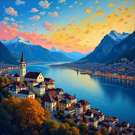 Beautiful landscape of beautiful Zurich in Switzerland, the clear and very colorful sky with many colors in a very smooth gradient, oil painting,Van Goghs style