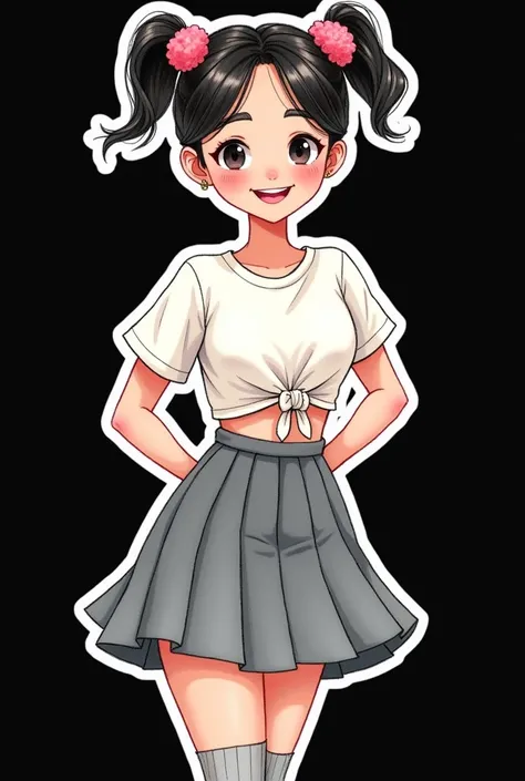 sticker no shadow , minimal, disney style,on black background , Black ink lines with soft watercolor accents. Border trim around 40px, (high resolution) , no noise pixel ,((masterpiece)) ,8K Octane,  High Resolution, Best Quality, 1girl, Asian girl with a ...