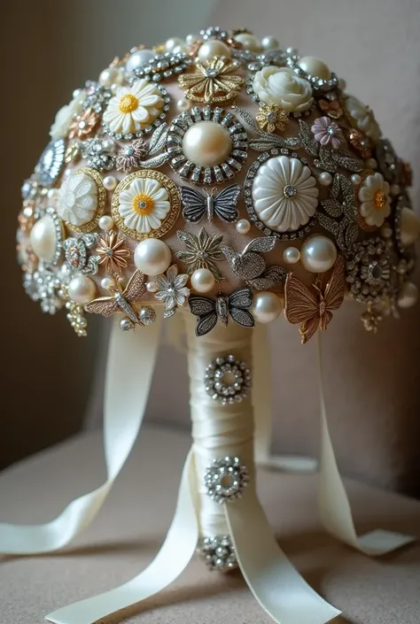 Close-up of a bridal bouquet made entirely of vintage brooches. The bouquet has a rounded shape and measures approximately 20 cm in diameter.. It consists of 20-30 brooches of different sizes and styles., all in silver tones, aged gold and copper. Os broch...