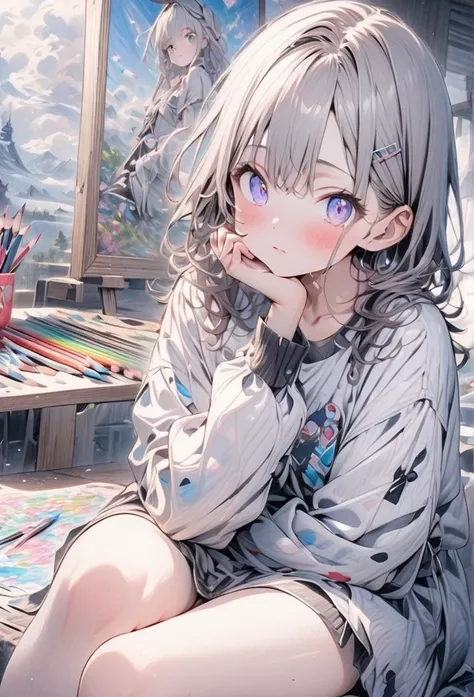 ((style:Colored pencil,pale colour)),(anime)、(masterpiece:1.2),Painting art、Girl painting、apply on cheeks、cute、overhaul、Sitting cross-legged in front of the work