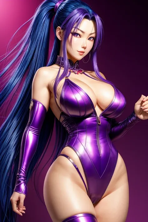 Rinko Akiyama from TaimaninRPGX, bluish purple hair, absurdly long hair, hairs between eyes, high ponytail, purple eyes, purple rinkos taimanin suit, anime colored,pussy