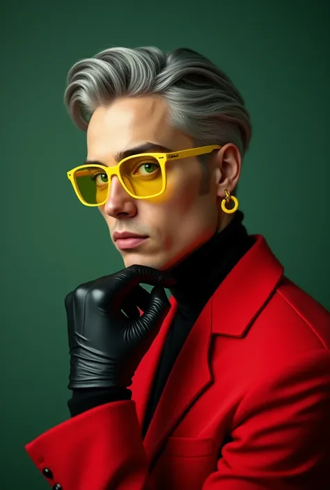 Man green water light , leather black charcoal dark full . Bright yellow glasses not transparent square  , gray hair colorless. stylish hairstyle. Bright crimson suit with yellow inserts. Round cast earrings yellow. Black turtleneck under a jacket.Portrait...