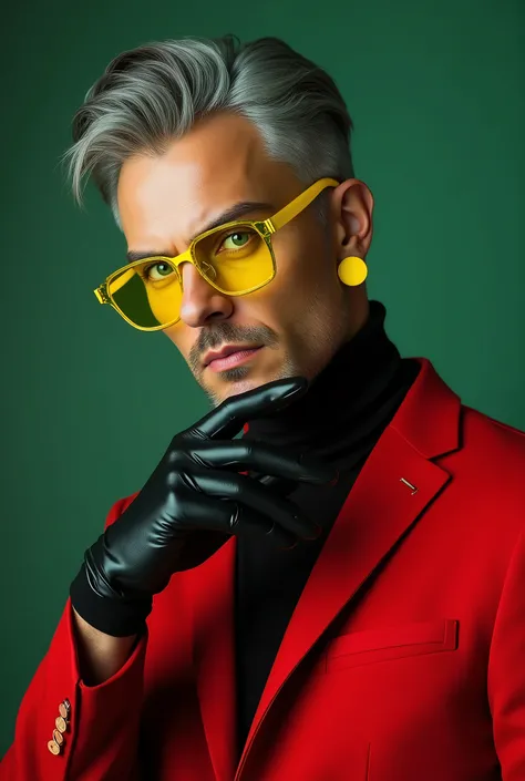 Man green water light , leather black charcoal dark full . Bright yellow glasses not transparent square  , gray hair colorless. stylish hairstyle. Bright crimson suit with yellow inserts. Round cast earrings yellow. Black turtleneck under a jacket.Portrait...