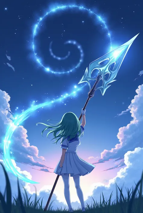 Night sky，White short-sleeved school uniform，White pleated skirt，white pantyhose，White Gloves，Green long hair anime girl，huge magic spear