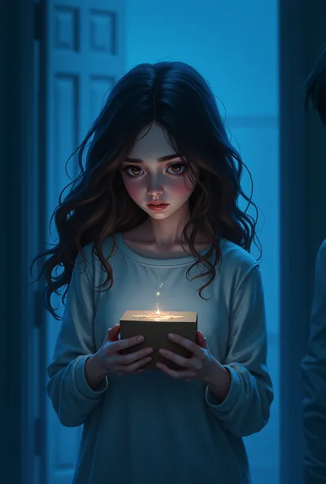  Girl in blue room, crying looking at a box, Brown eyes, wavy hair, boy next to her, black hair, grey eyes, Wattpad cover 