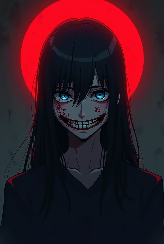 1 , Alone, Long hair, blue eyes, Scary Red Halo, evil smile, evil, anime, Blood Stains on the Face.