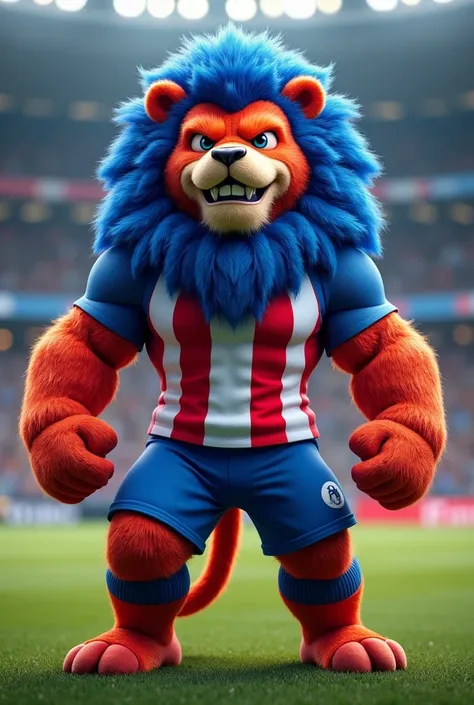 Lion Football Mascot Two-tone blue-red mane Three-tone blue-red and white striped shirt Blue shorts Blue socks 