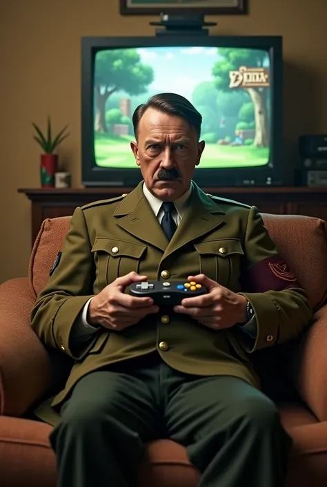 Hitler holding a Nintendo 64 controller while sitting on the couch, Zelda on tv, Nintendo 64 plugged into tv set