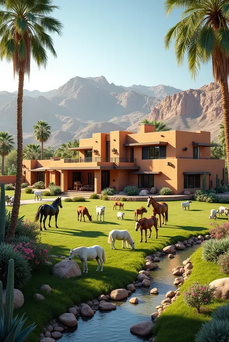 Adobe ranch house with animals, plantation, horses, dogs, sheep, cows, modern in the desert 