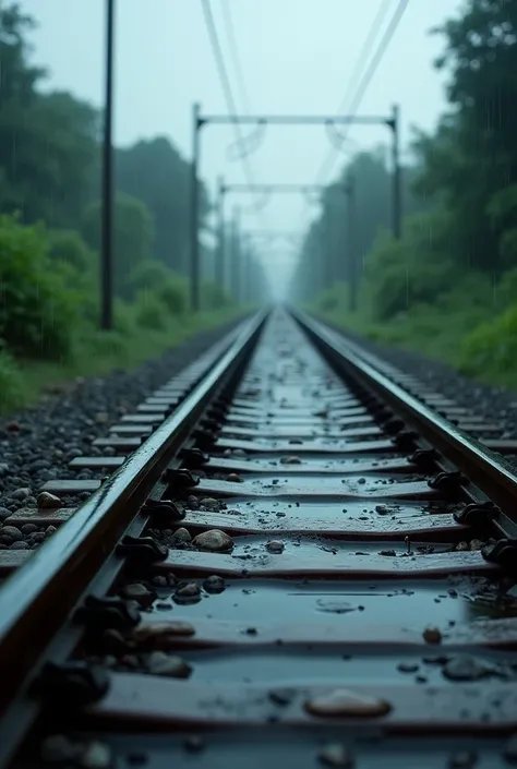 "A rainy day scene showing railway tracks stretching into the distance. The tracks are wet, reflecting the rain and the muted, cloudy sky above. Raindrops can be seen falling, creating ripples in small puddles on and around the tracks. The surrounding area...