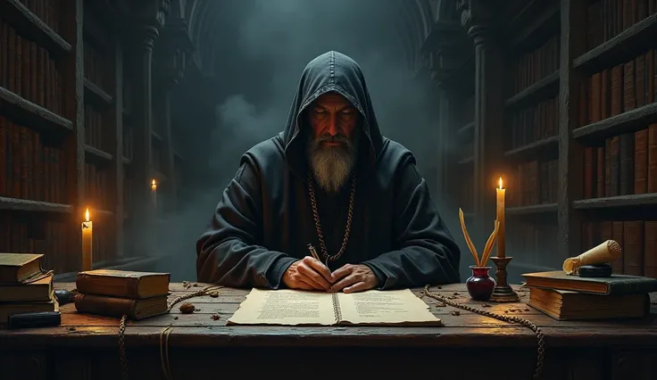 Priest in a dark room sitting at a table with books and parchments