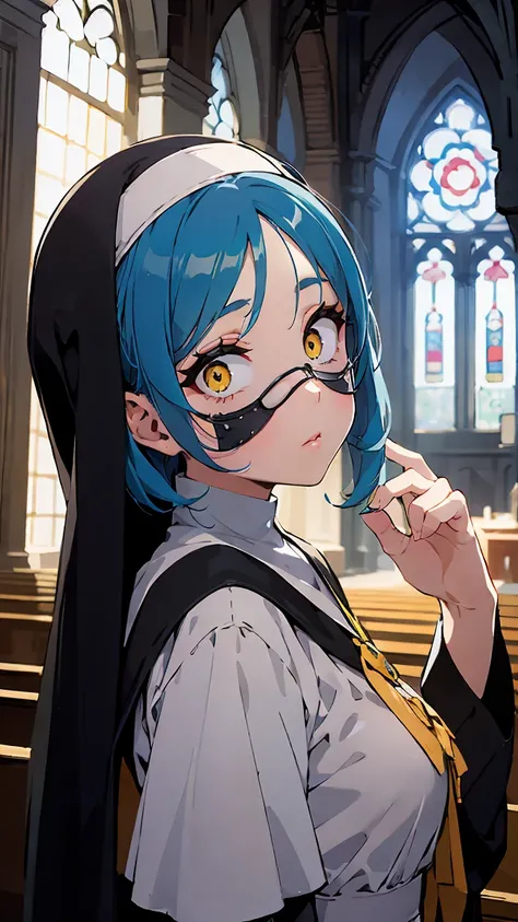 score_9, score_8_up, score_7_up, score_6_up, 1girl, mature woman, deep blue hair, yellow eyes, nun, small breast, mouth mask, Pretty Face, expressionless, Constricted pupils, horrified, looking at viewer, stained glass, church, arch, Shooting up close, Sho...