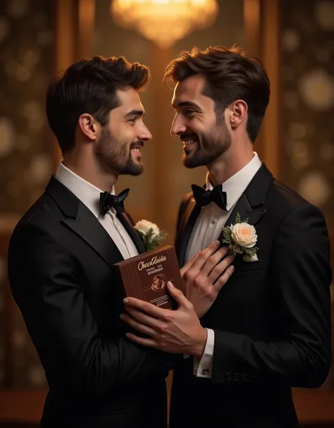 a wedding couple, both men. One of them must hold an unbranded chocolate package. The other caresses him affectionately. The background behind them should be black and gold., as well as elegant.
