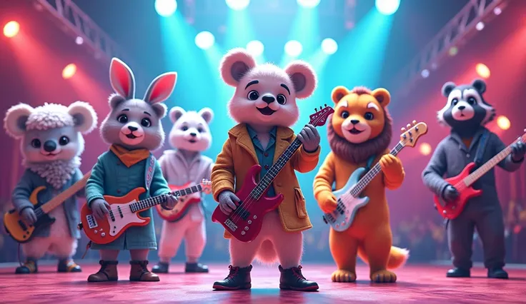 Image d2 of:
Kpop band composed of:
Koala. 
sheep.
tigre.
leon.
Penguin.
raccoon. 
They should all be visible and easy to distinguish from each other..