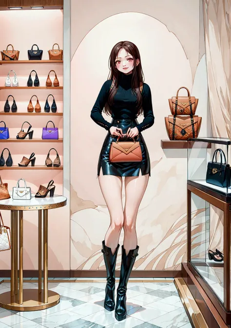 realistic anime illustration of young woman at luxury bag shop, she is in dark brown long straight hair (forehead), wears black long sleeve turtleneck, black leather denim pencil mini skirt, black boots, ((masterpiece:1.2), (best quality:1.2), (very aesthe...