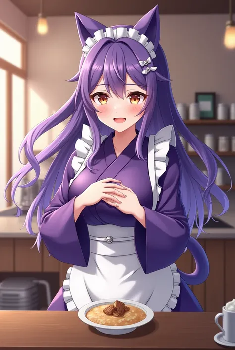 NSFW,masterpiece,Highest quality,High resolution,Very detailed,Cat porridge(Hololive),Purple Hair,Cat ear,tail,Purple Eyes,Kimono、Kimono、White apron、Purple kimono、Hair accessories、Long sleeve、maid、with maid、Sleeve length up to the wrist、Frilled Apron、Purpl...