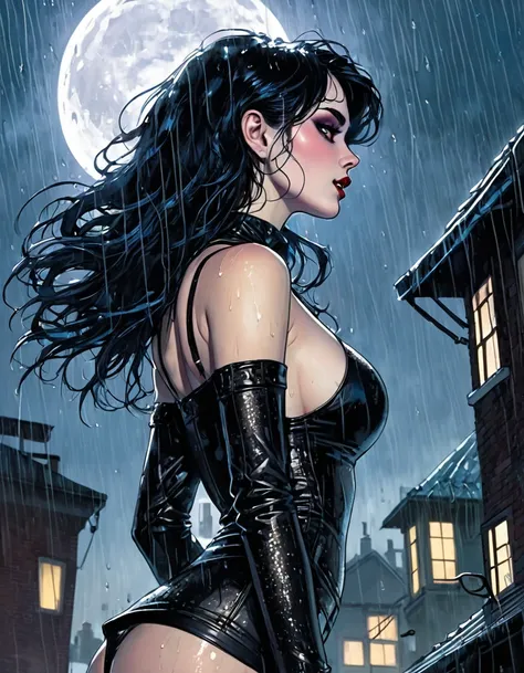 goth girl, skin tight, rain, night, full moon, flirty look, (realistic ultra details), from above, from side, art inspired by Bill Sienkiewicz