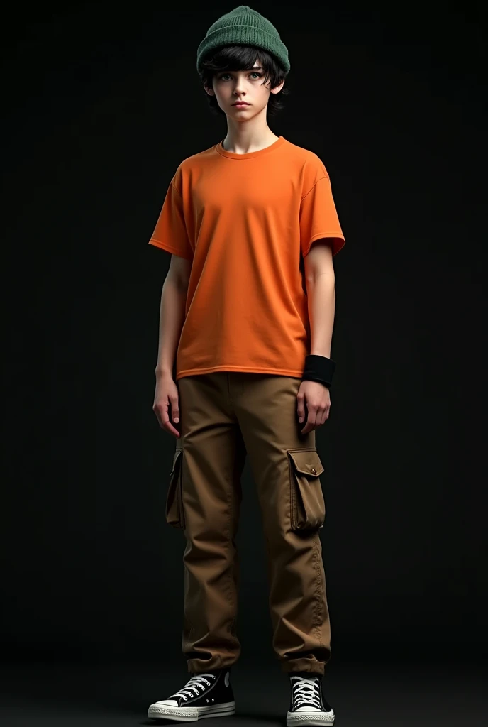 Beautiful teenage boy, white tea, black hair, green cold weather cap , Orange short sleeve sports shirt, Brown cargo pants sweatshirt style, black tennis shoes, black wristband, black background. 