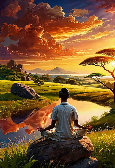 people in moments of introspection, looking at the horizon, sitting alone, meditating or reflecting in a natural environment. Realistic images that convey emotions 