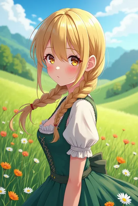 anime woman, blonde hair, pigtails braid, wearing Dirndl, meadows.