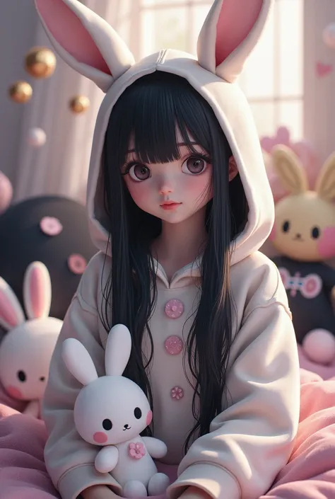 Rambut hitam panjang,Hoodie kelinci, white jacket , rabbit doll,baju hitam miffy, rok hitam miffy