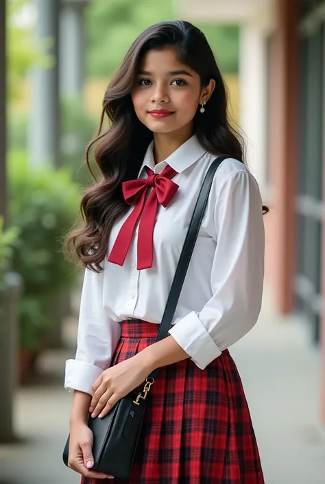 A 5 ft 1 inch women ,weight 35 kg ,chest 30, waist 23 , long dark brown soft curls till waist, side partition hairstyle ,white shirt with red bow on coller,short red and black chesks skirt,ankle shoes, soft makeup on face , light red shade lipstick, cute f...