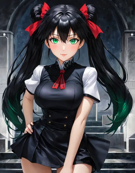 Create a breathtaking and cinematic illustration of Rin Tohsaka from *Fate/stay night*, featuring her signature twin-tails of sleek, jet-black hair and stunning emerald-green eyes. Her figure is depicted in exquisite detail, with her voluptuous physique em...