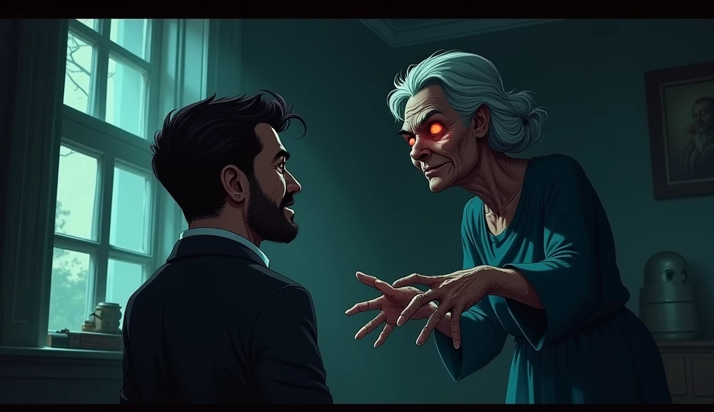 ***horror darkness night***  old women eyes were red scary face coming to delevery male man side inside of mansion lounch cartoon 