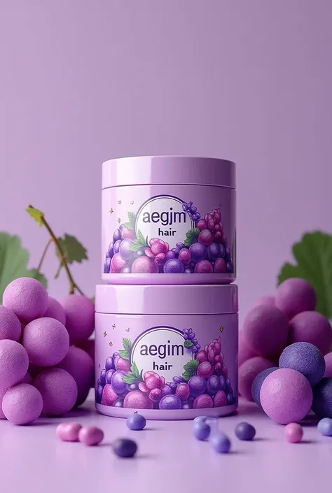 SKALA BRANDED HAIR CREAM JARS WITH THE NAME "AEGJM Hair" on the packaging I want it written (Sweet Lines AEGJM Grape Mousse Flavor for Curly Hair all written in Portuguese with cute packaging with sweet elements like ice cream, bullets, brigadeiros colorfu...