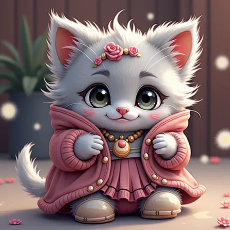 Cute gray baby kitten、Stand on hind legs、かわいいClothesとかわいいパンツ、Wearing a cutely decorated helmet、cute、Clothes、skirt、shoes、At the site、masterpiece, Background Blur, she&#39;Because it&#39;s so cute、Women fall in love at first sight.、Cute Necklace、