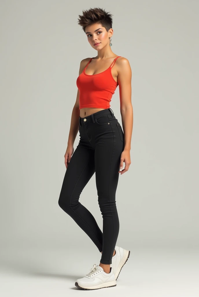 A 5 ft 1 inch women ,weight 35 kg ,chest 30, waist 23 , Short wolf cut hairstyle , black skinny jeans, red tank top,white sneakers 