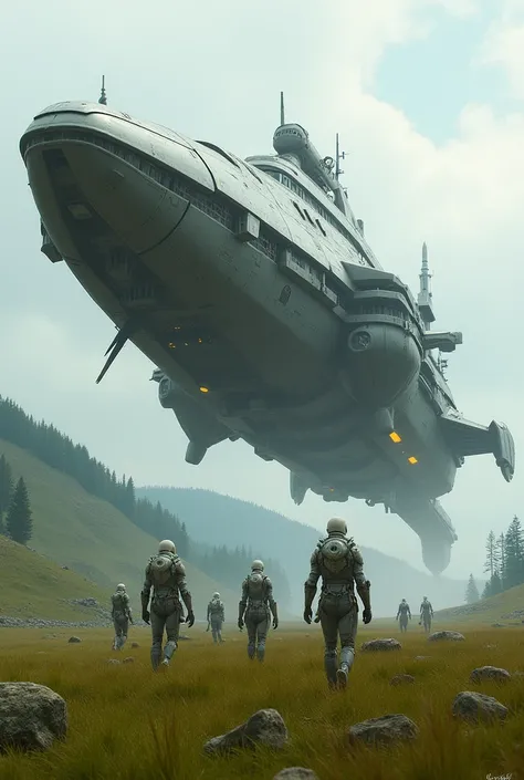 Imposing sci-fi spaceship, manned by albino people wearing robotic suits, landing in a field