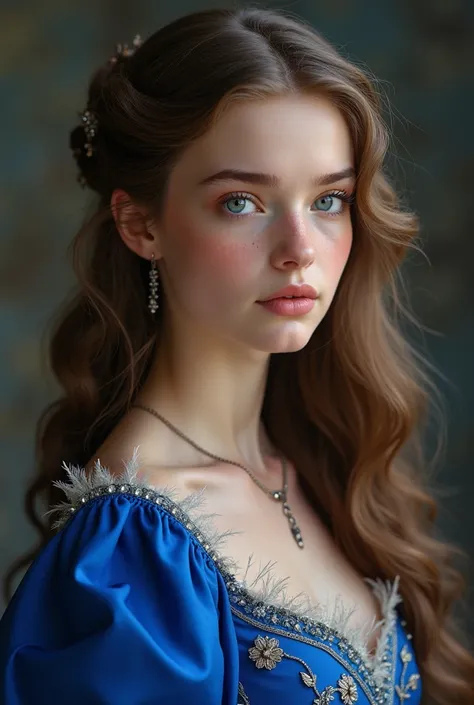 A young 1 woman, Da casa Arryn, long brown hair, slightly wavy and loose, light blue eyes, pink alva skin, small, almost imperceptible freckles, delicate and beautiful features, realistic, expression full of courage, seriousness, intelligence, delicacy and...