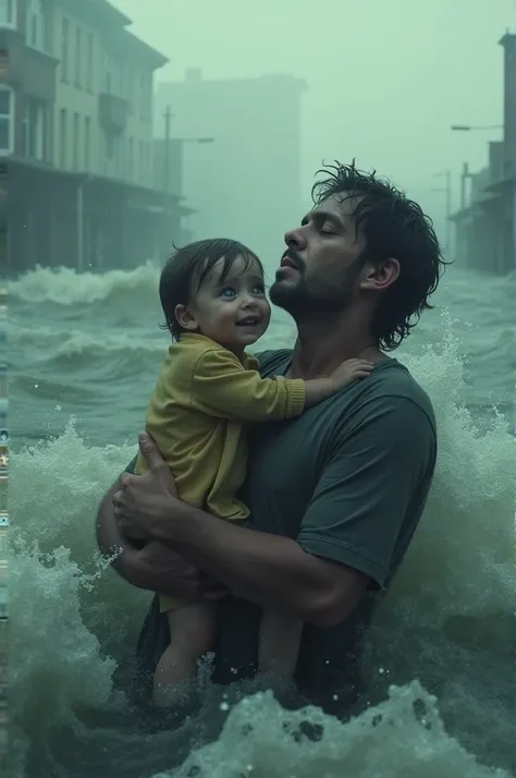 Create an image of a father who has tragically passed away, holding his 2- child above a massive flood. The father’s head is drowned in the water, and the scene captures the somber reality of their situation, with the child appearing innocent and clinging ...