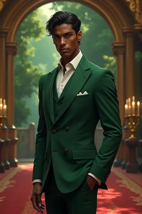 Generate me a prince in a honey green suit, dark-skinned, tall, black eyes, black hair 