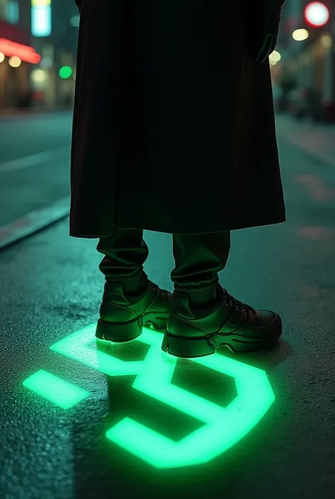 create an image of a black Rick Owens brand sneaker on the foot of a person wearing a black hooded overcoat stepping on the number "555&#39; in neon green on a dark and gloomy street seen from above