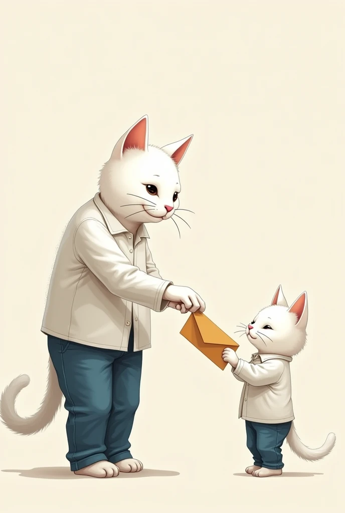 White cat standing on two legs AI cat white cat with clothes same like boy (white shirt and blue jeans) cate Father gives his son an envelope with the school admission letter.