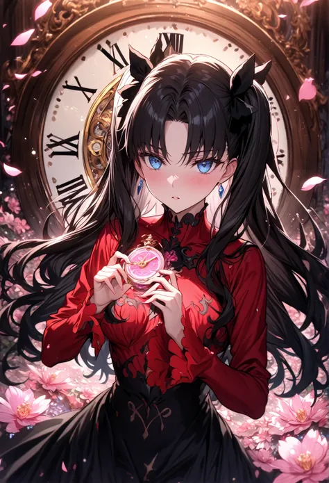 absurdres, highres, ultra detailed, HDR, master piece, Tohsaka Rin, black hair, expressive blue eyes, red turtleneck shirt, black skirt, sexy woman, best quality, Fate Grand Order, solo, fantasy, magical, sensual, glittering, accessories, clock, pink magic...