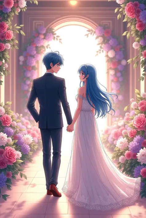 An 1 anime girl with long blue hair and blue eyes wearing a wedding dress and her brother standing next to her has the same hair and eyes color in a formal suit and she holds his wrist and they walk in the hall on a corridor filled with flowers